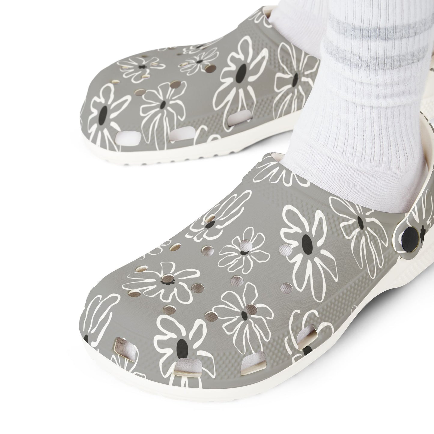 Gray Floral EVA Foam Clogs — Lightweight Garden & Casual Slip-On Shoes