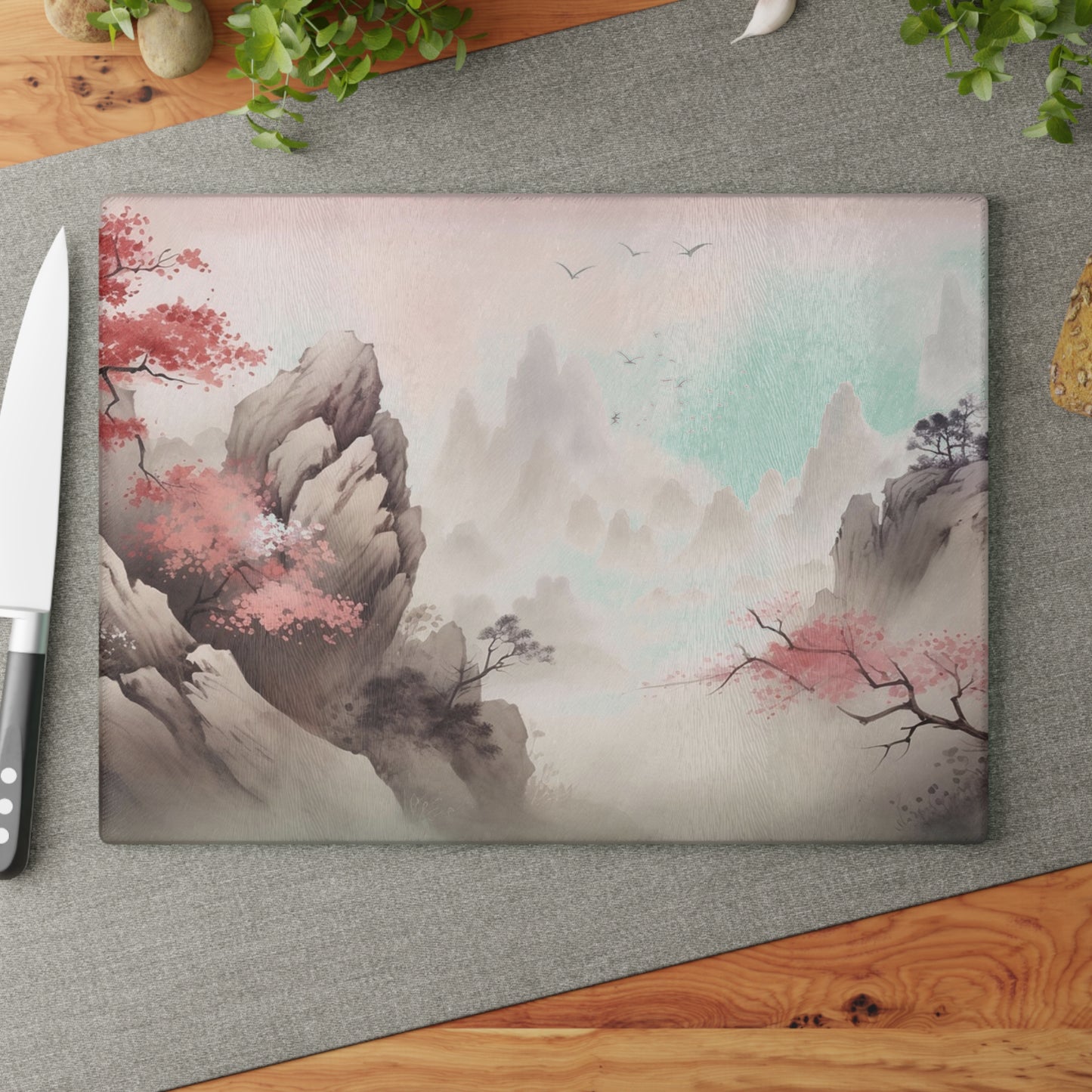Glass Cutting Board — Pastel Japanese Landscape with Cherry Blossoms