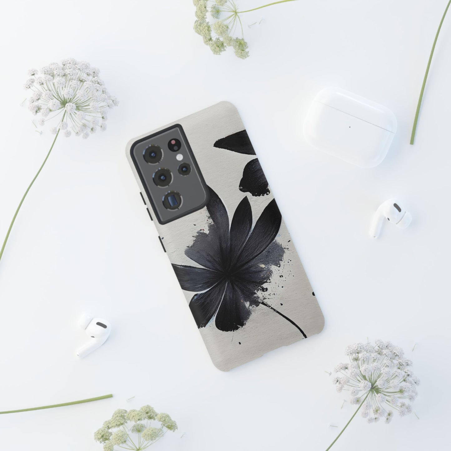Monochrome Floral Tough Phone Case — Black Ink Flower Protective Cover