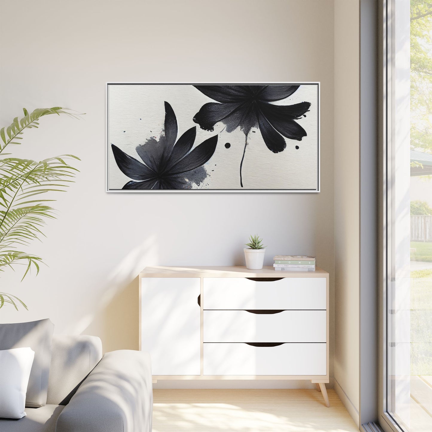 Framed Black Floral Matte Canvas Wall Art — Monochrome Botanical Print