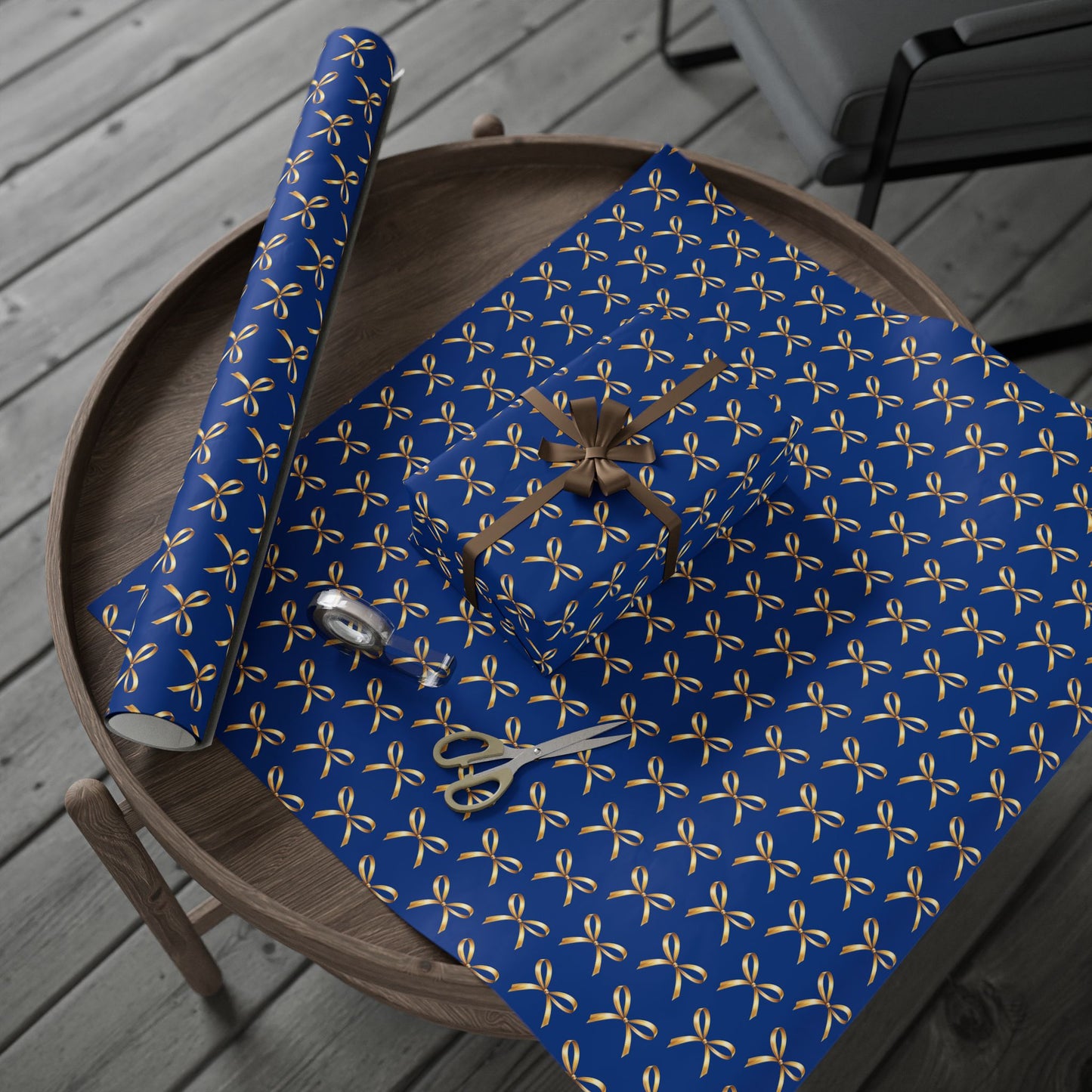 Wrapping Paper — Blue Gift Wrap with Gold Ribbon Pattern