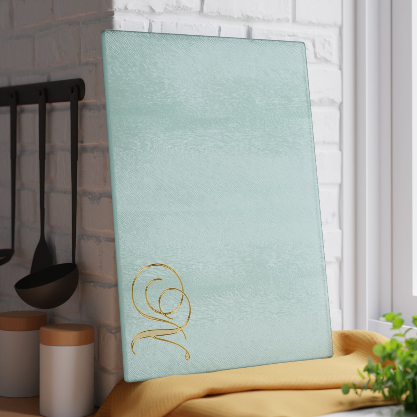 Monogram Glass Cutting Board — Mint or Clear Tempered Glass with Gold Script "N"