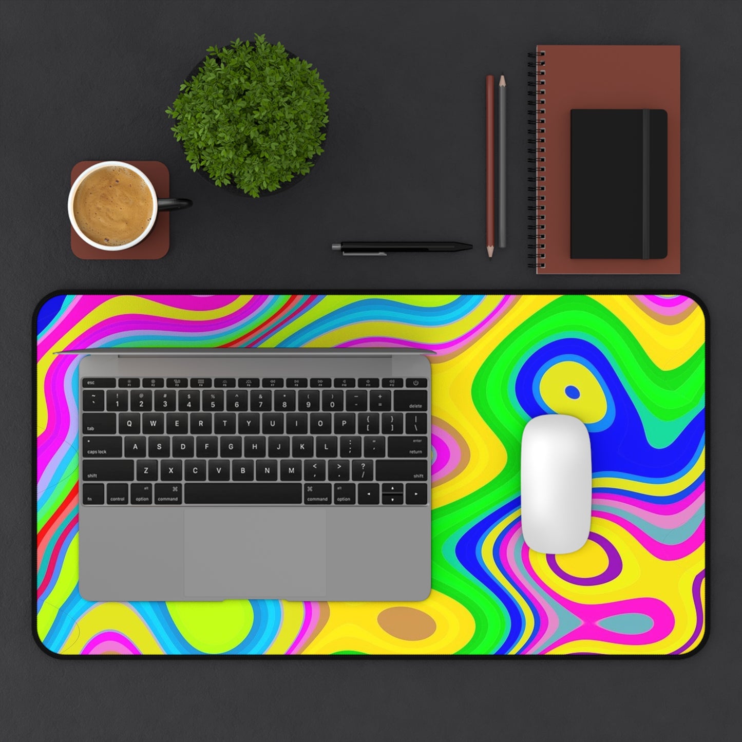Psychedelic Swirl Desk Mat — Bright Retro Abstract Mouse Pad