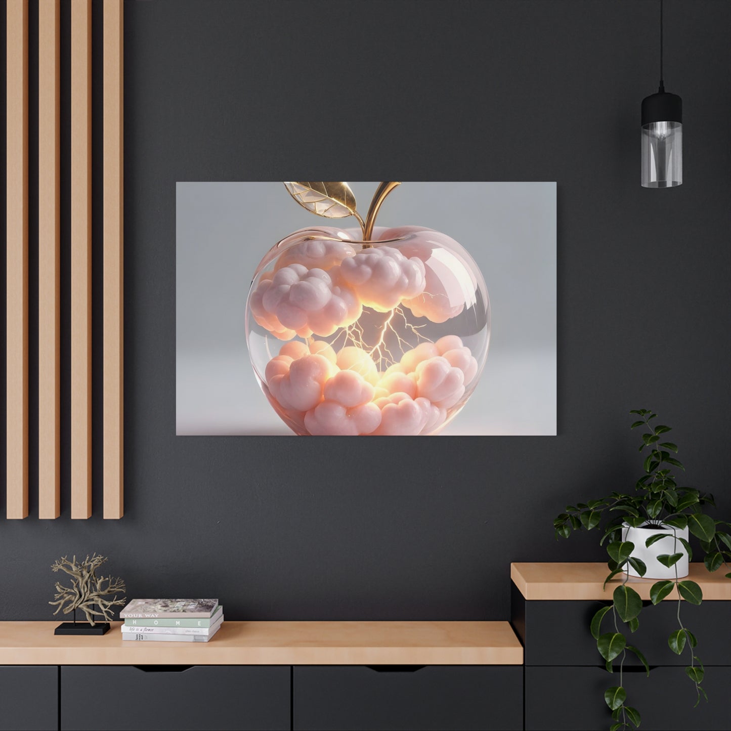 Surreal Glass Apple Canvas – Lightning & Pink Clouds Wall Art