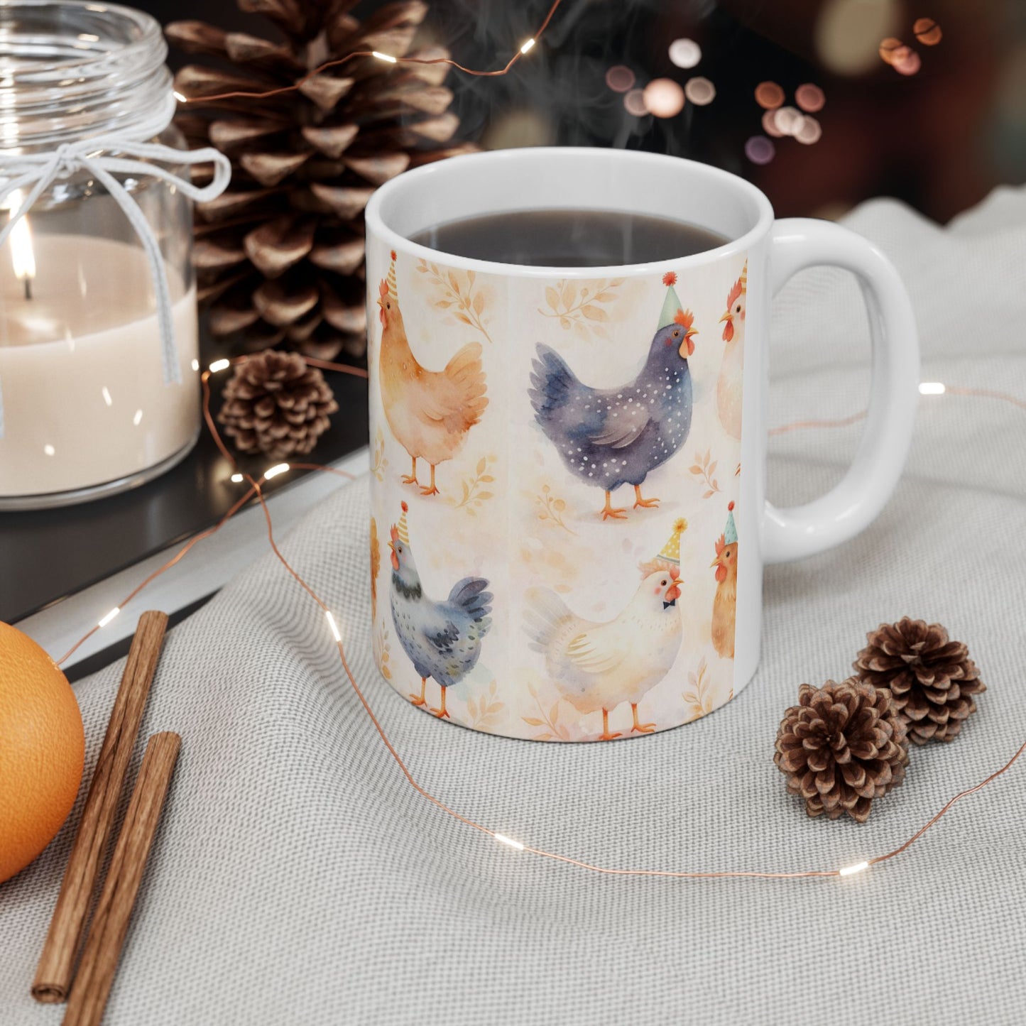 Cute Farm Chicken Mug — Watercolor Hens with Party Hats (11oz, 15oz)