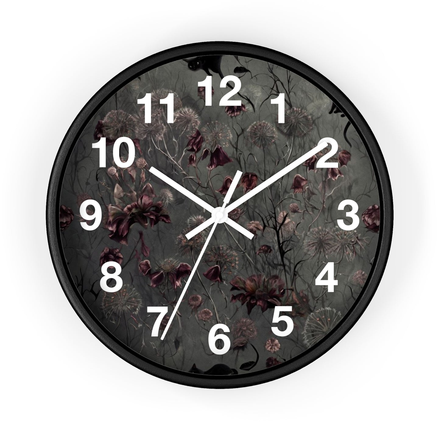Vintage Dark Floral Wall Clock — Moody Botanical Timepiece with Large Numerals