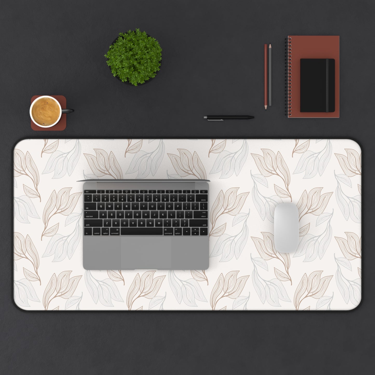 Desk Mat — Neutral Leaf Pattern Desk Mat (Beige Minimal Botanical Mousepad)