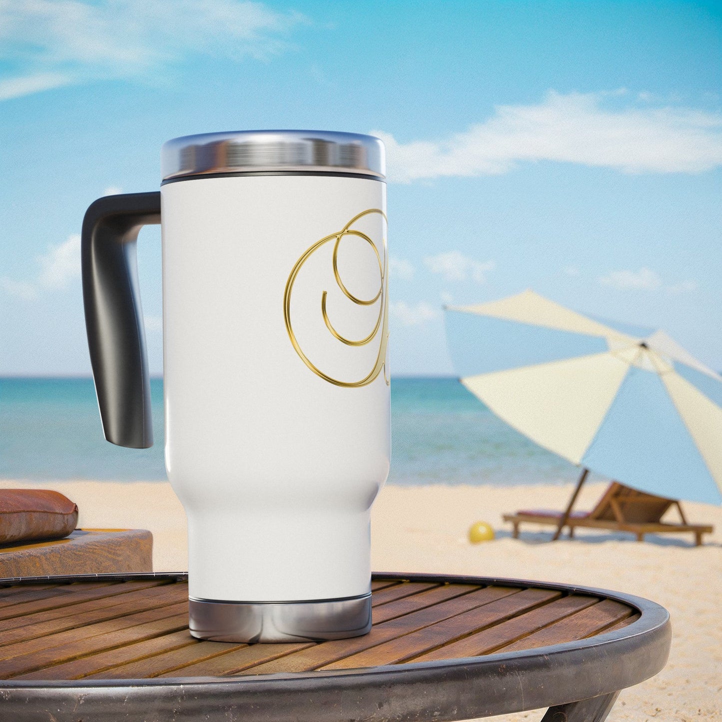 Monogrammed Gold Script “B” Travel Mug – 14oz Stainless Steel with Handle