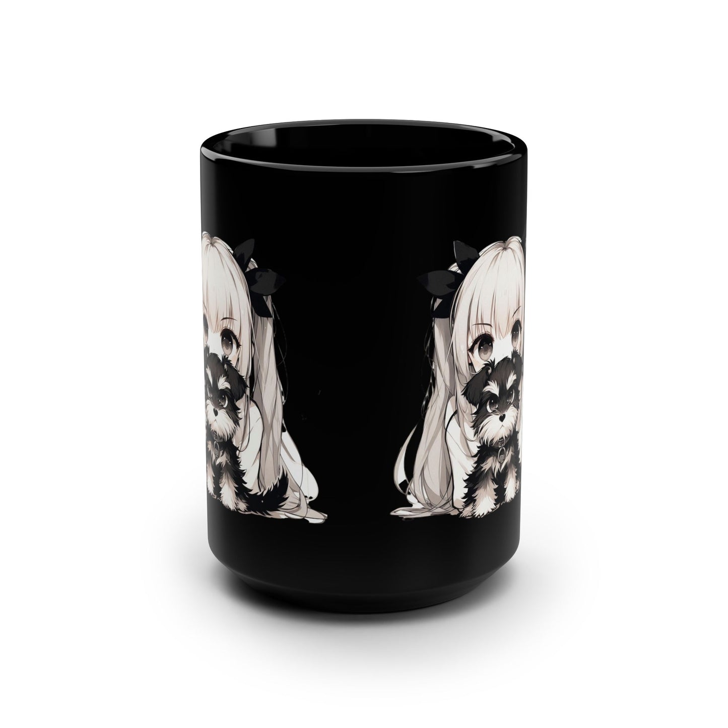 Cute Anime Girl with Raccoon 15oz Black Mug