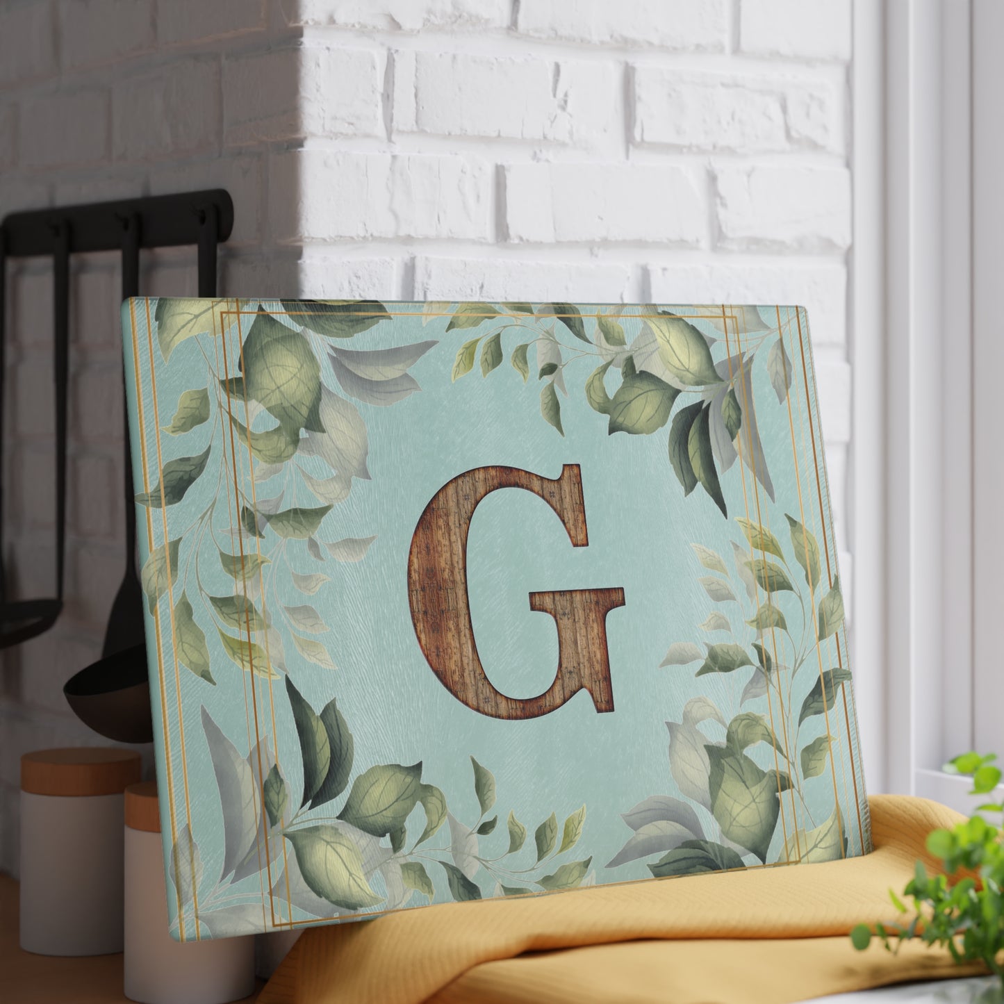 Glass Cutting Board — Monogram G Floral Wood Initial Decorative Kitchen Board