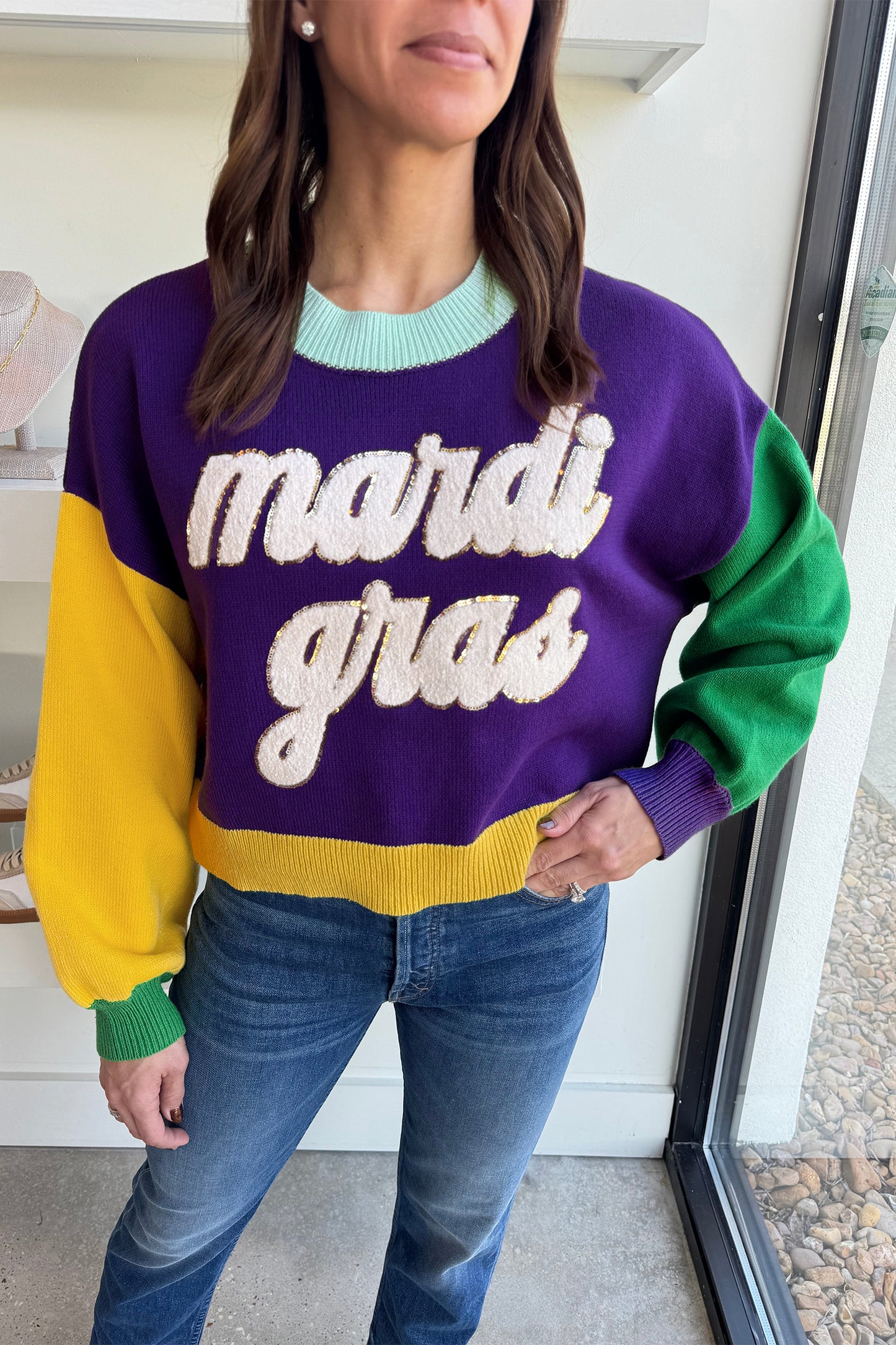 Tillandsia Purple Colorblock Patchwork Fuzzy Mardi Gras Graphic Sweater