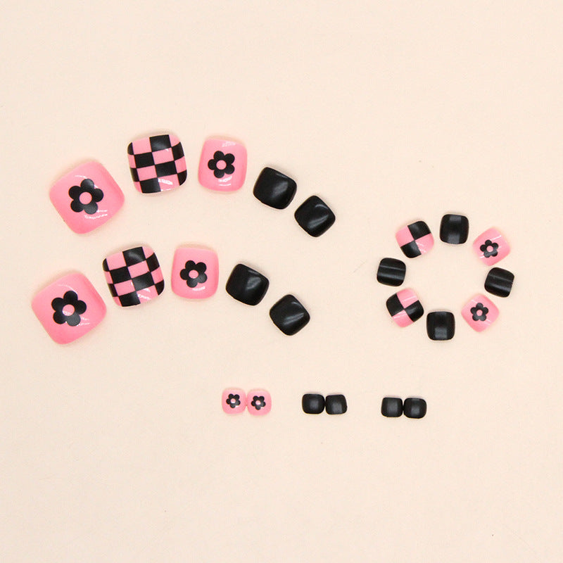 Press-on toenails flower checkerboard nail art sweet cool white black pink Press-on toenails press-on nails – Image 4