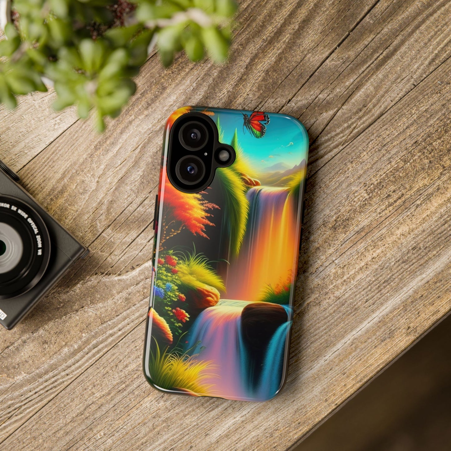 Phone Case - Vibrant Waterfall Landscape with Butterfly | Colorful Nature Protective Case