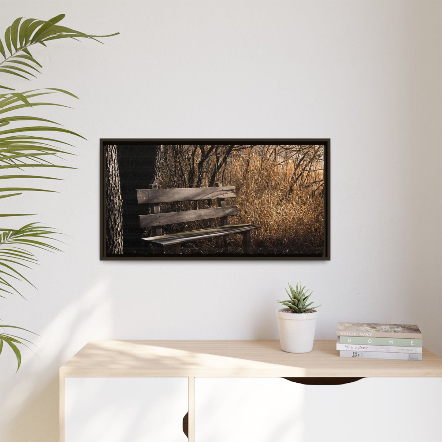 Framed Matte Canvas Print — Autumn Park Bench Photography