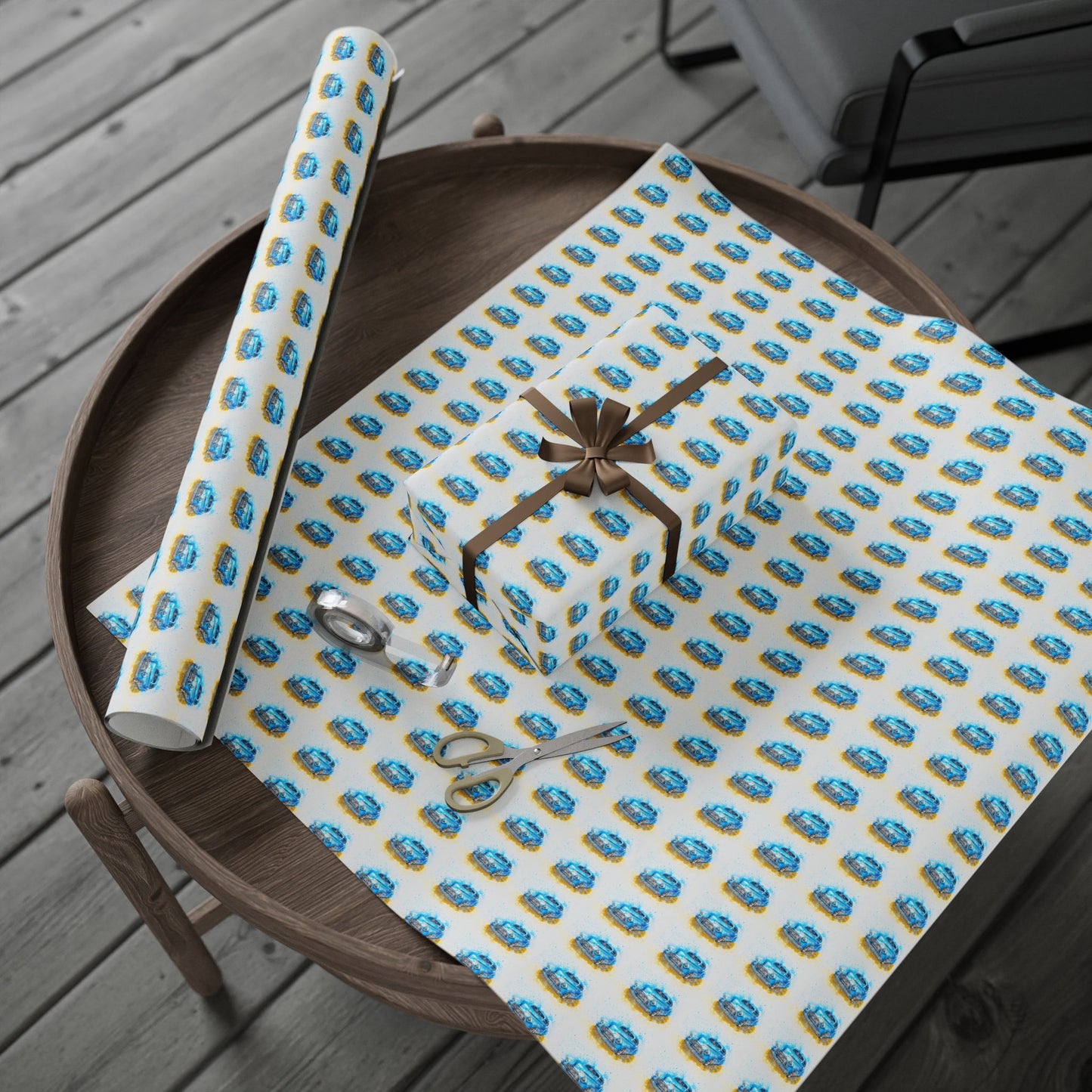 Blue Gold Abstract Dots Wrapping Paper Roll — Modern Geometric Gift Wrap