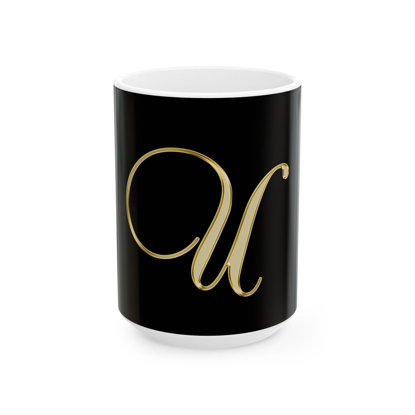 Gold Script Letter 'U' Black Ceramic Mug (11oz, 15oz)
