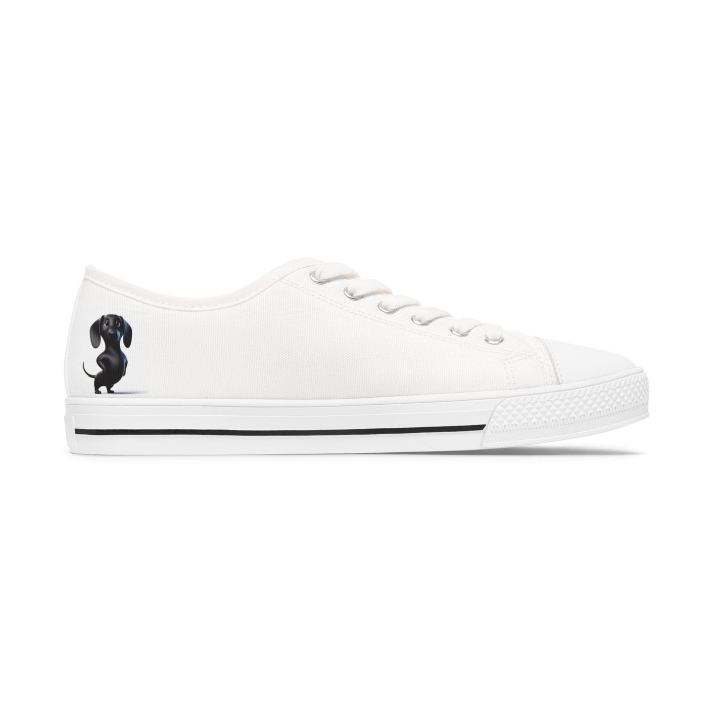 Low Top Sneakers — White Casual Women's Canvas Shoes with Small Black Cat Silhouette