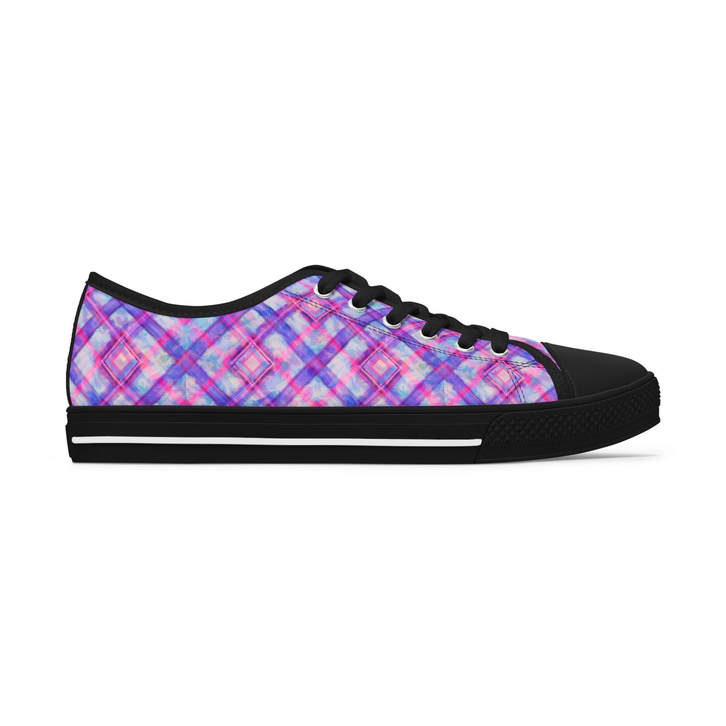Women's Low Top Sneakers — Pink Purple Plaid Casual Canvas Shoes