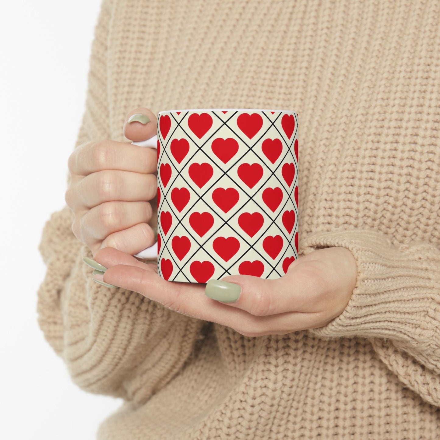 Heart Pattern Ceramic Mug – Red Hearts Grid Coffee Cup (11oz, 15oz)