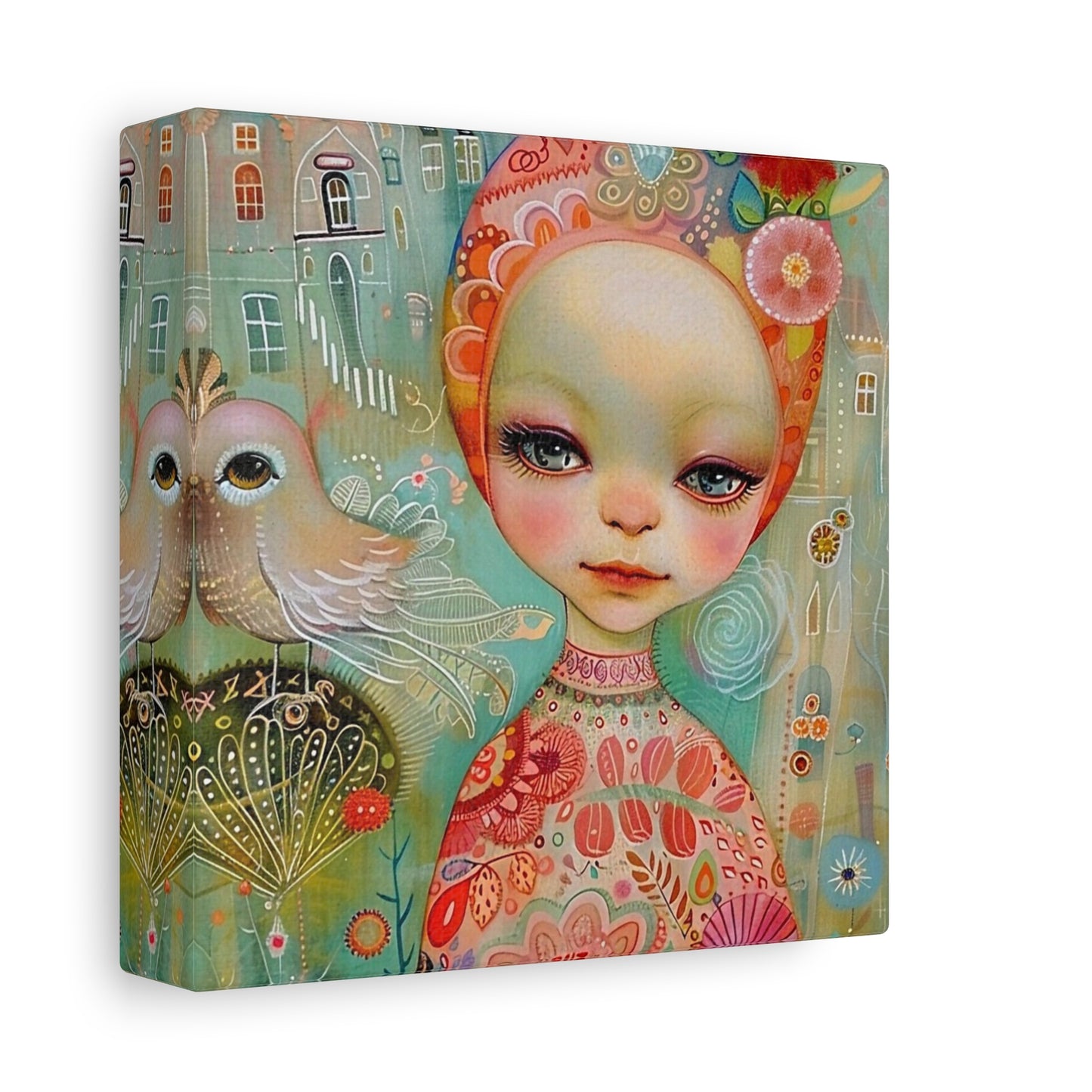 Whimsical Girl & Bird Matte Canvas Wall Art — Stretched Decorative Painting