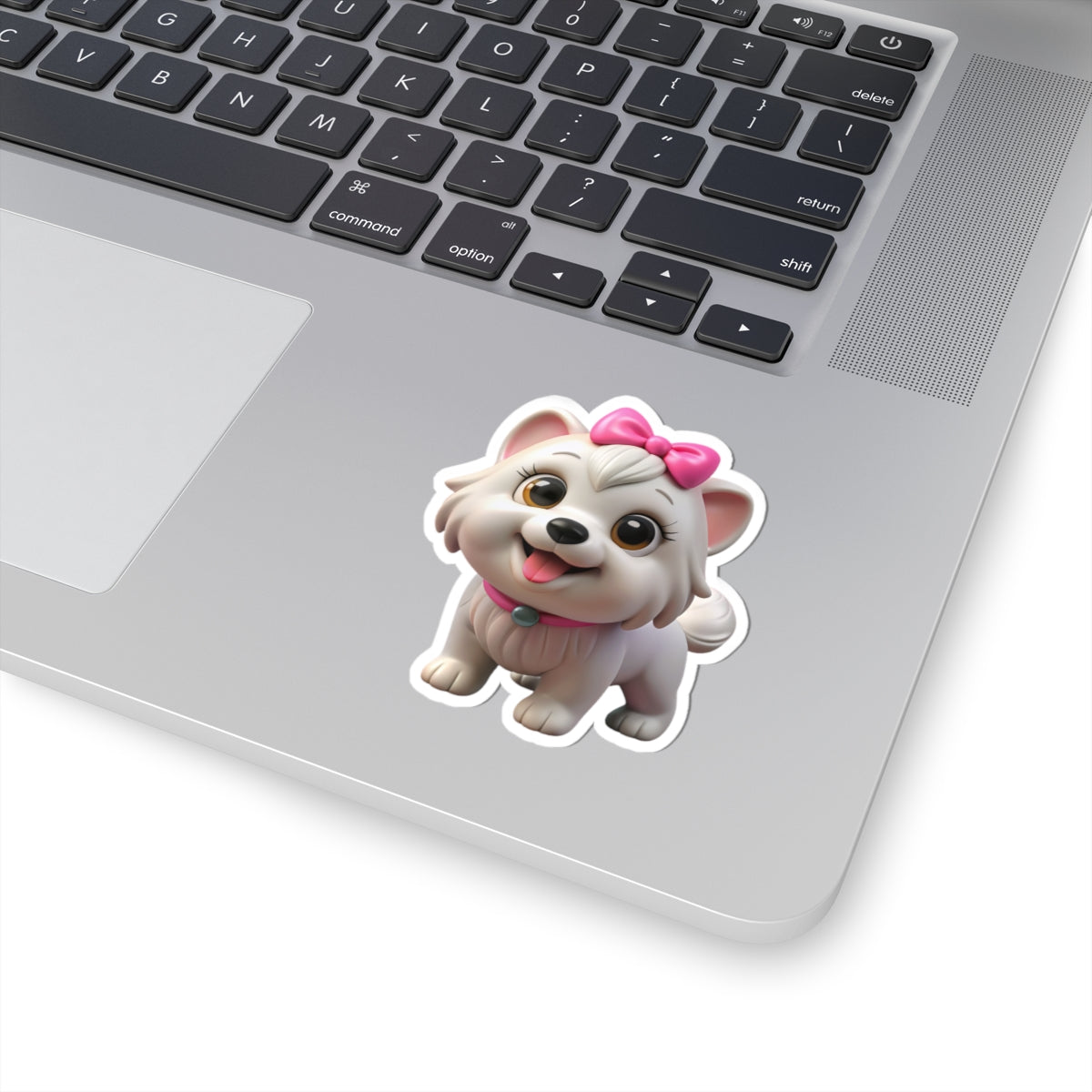 Cute White Puppy Kiss-Cut Sticker — Adorable Bow-Wearing Dog Laptop Decal