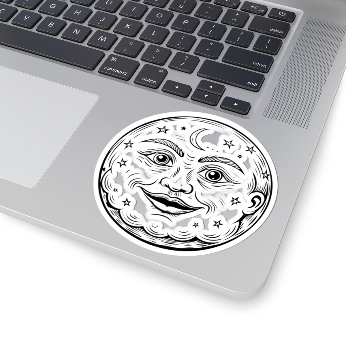 Vintage Moon Face Kiss-Cut Sticker — Celestial Stars & Crescent Design
