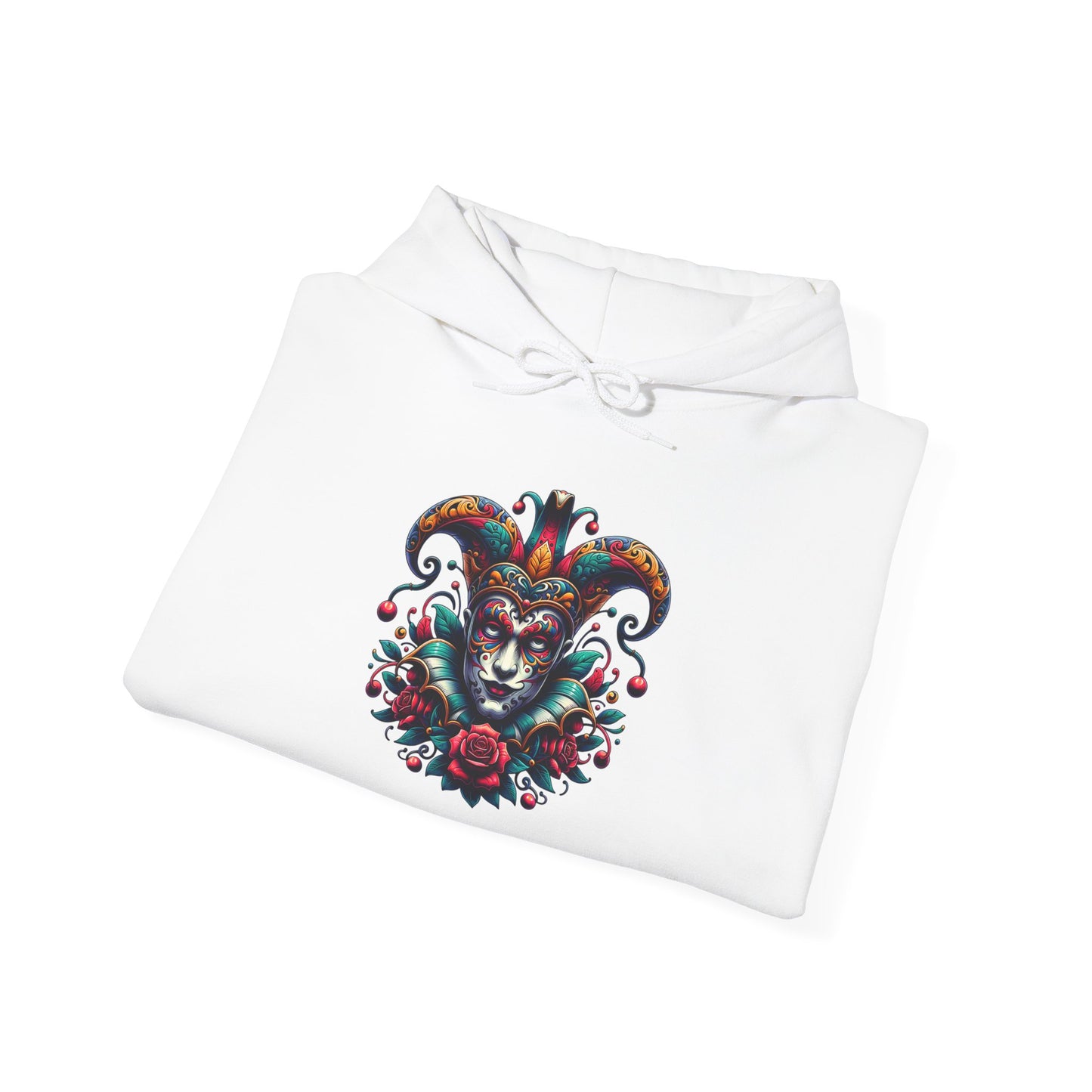 Colorful Jester Hoodie, Unique Graphic Sweatshirt, Cozy Unisex Apparel, Perfect for Festivals and Celebrations, Great Gift Idea