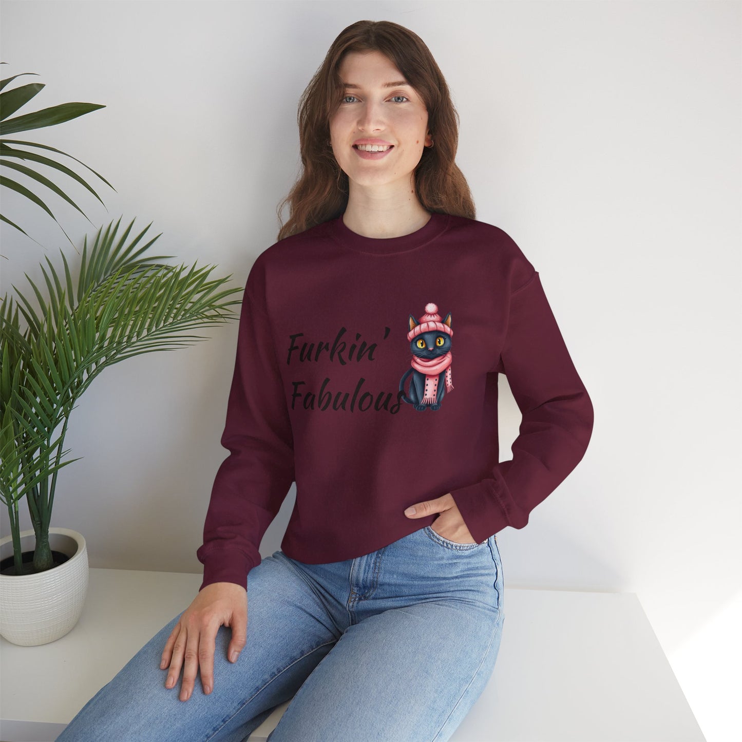 Crewneck Sweatshirt — "Furkin' Fabulous" Cute Black Cat in Pink Hat & Scarf