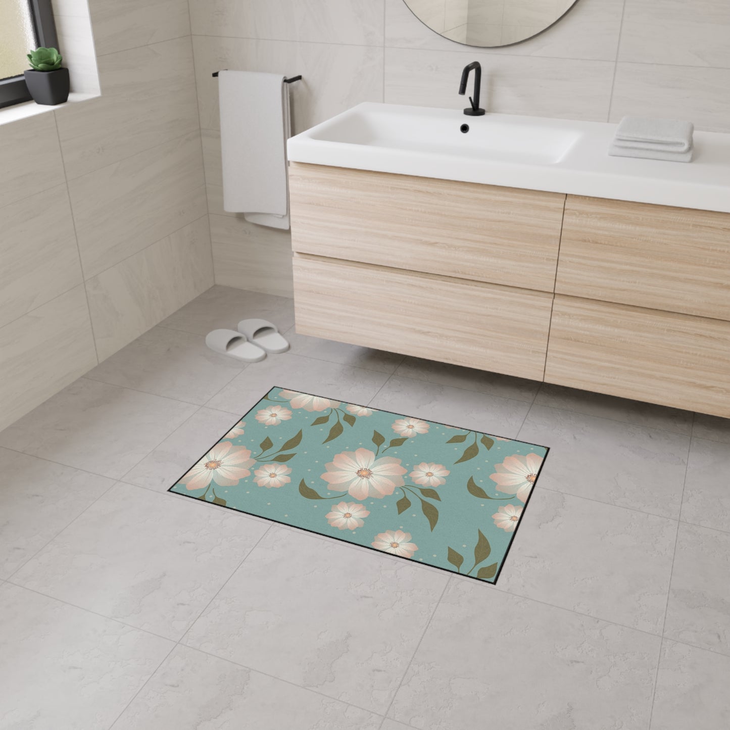 Floral Heavy-Duty Floor Mat — Teal Pastel Blossom Rug for Entryway & Kitchen