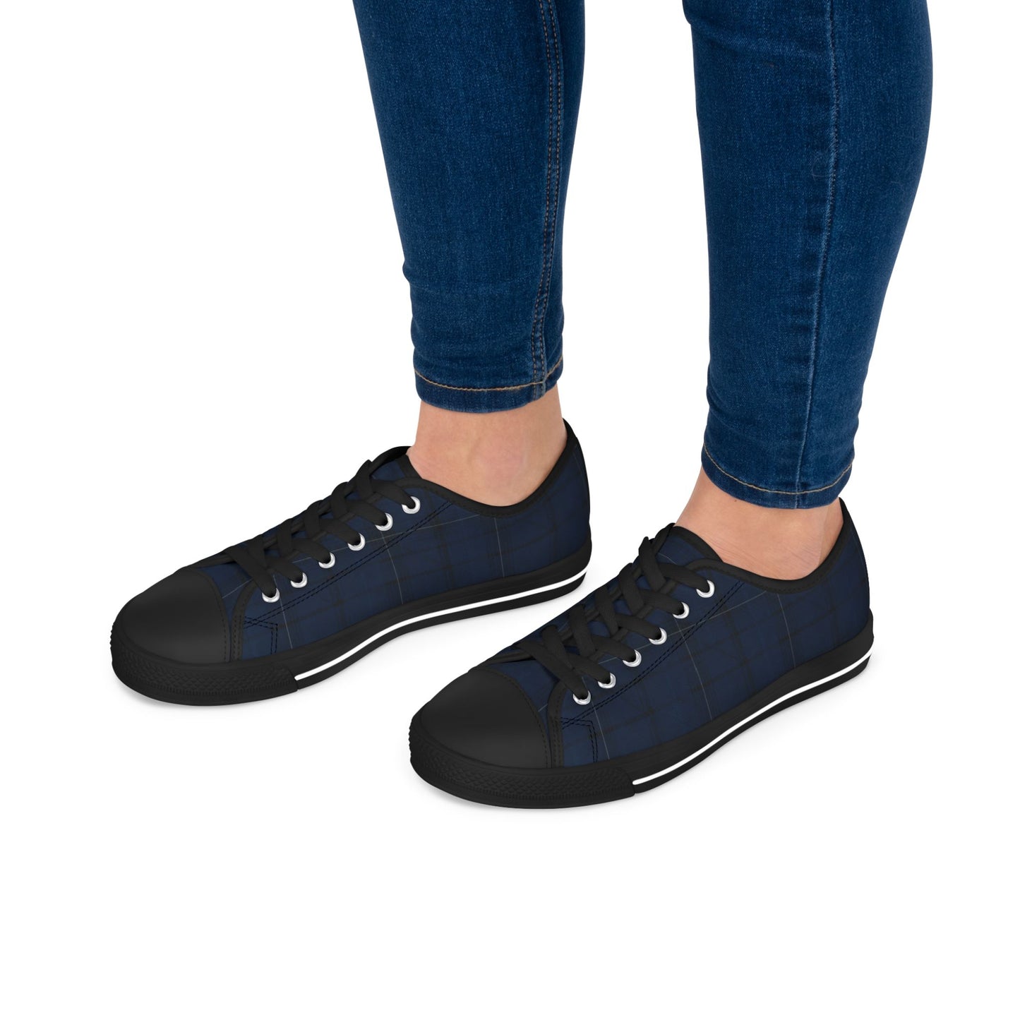 Navy Plaid Low Top Sneakers — Casual Classic Canvas Shoes