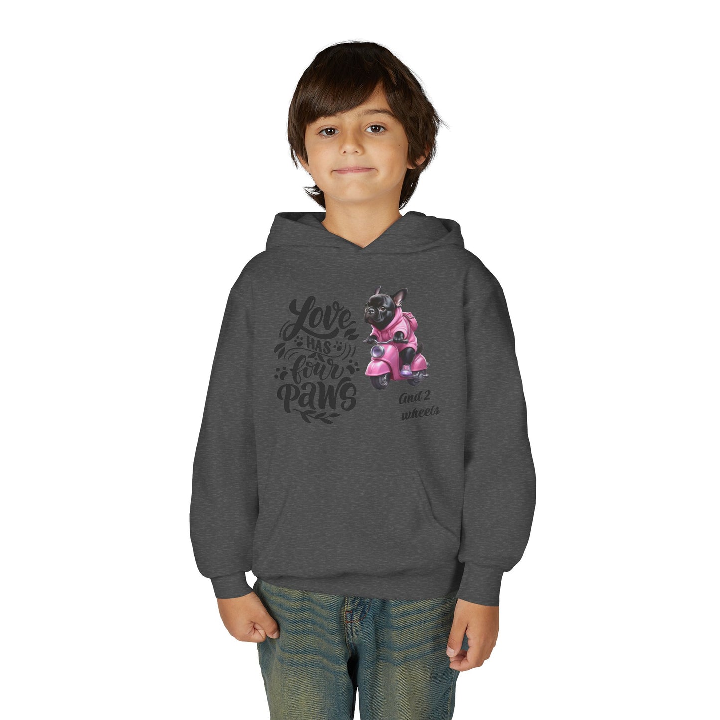 Youth Hoodie — "Love Has Four Paws" Pink Scooter French Bulldog Graphic