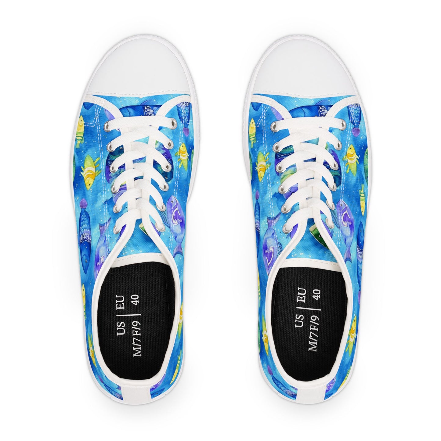 Low Top Sneakers — Blue Tropical Fish Print Canvas Shoes