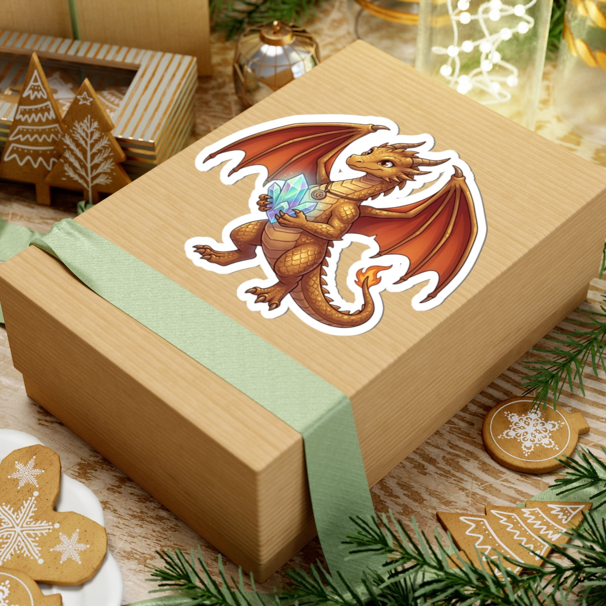 Golden Dragon Sticker — Cute Fantasy Dragon Holding Crystal Kiss-Cut Vinyl Sticker