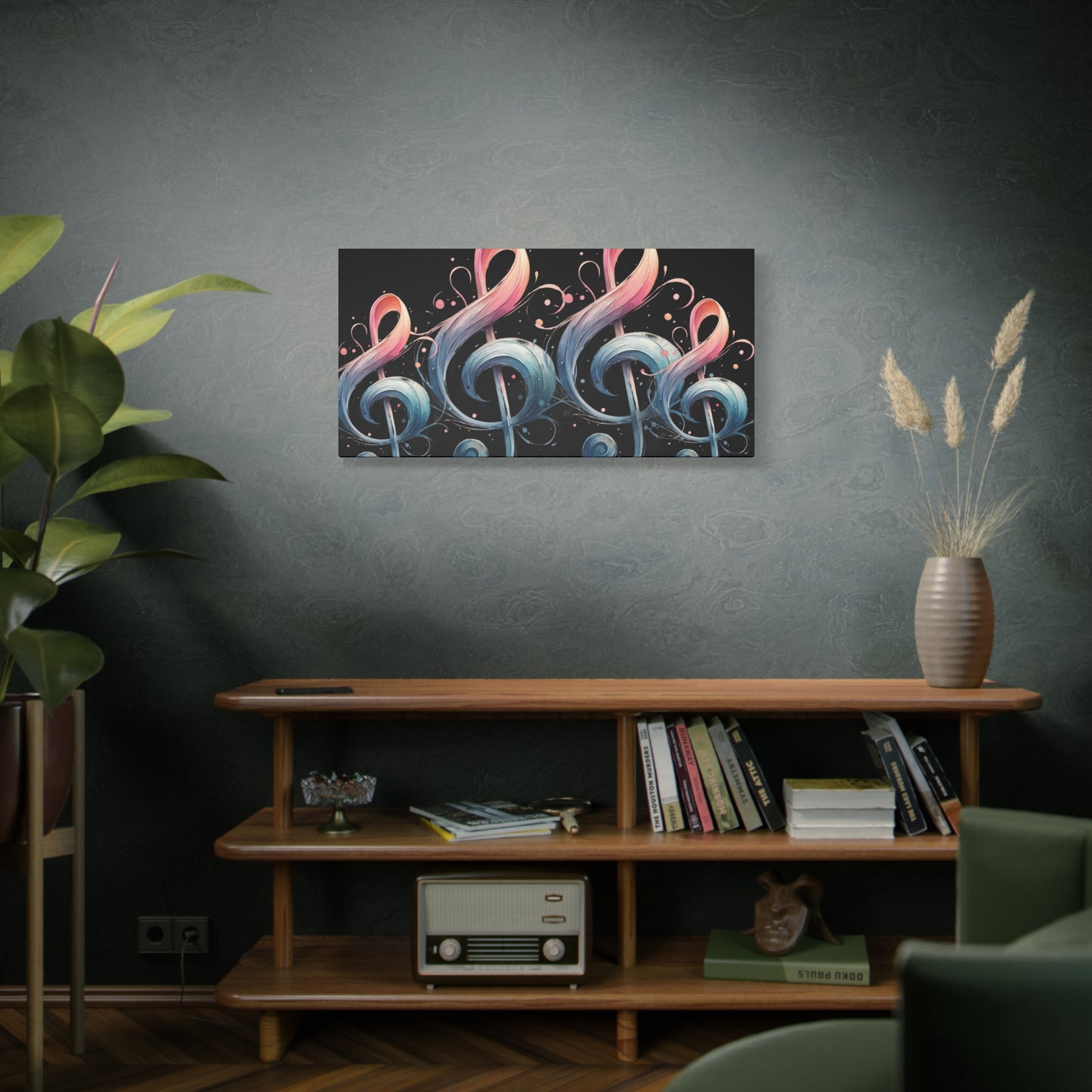 Musical Treble Clef Canvas Wall Art — Pastel Ribbon Notes on Black