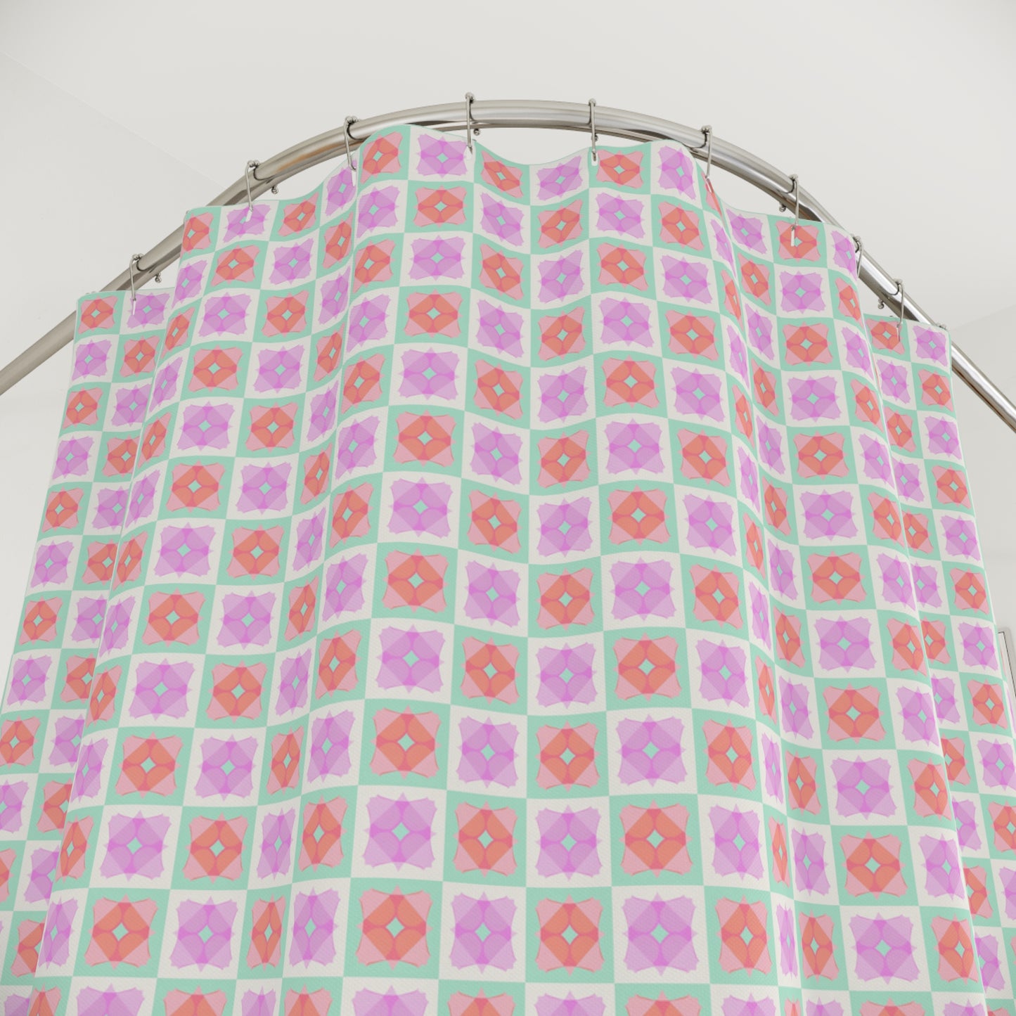 Floral Tile Shower Curtain — Pastel Pink & Mint Geometric Bathroom Decor