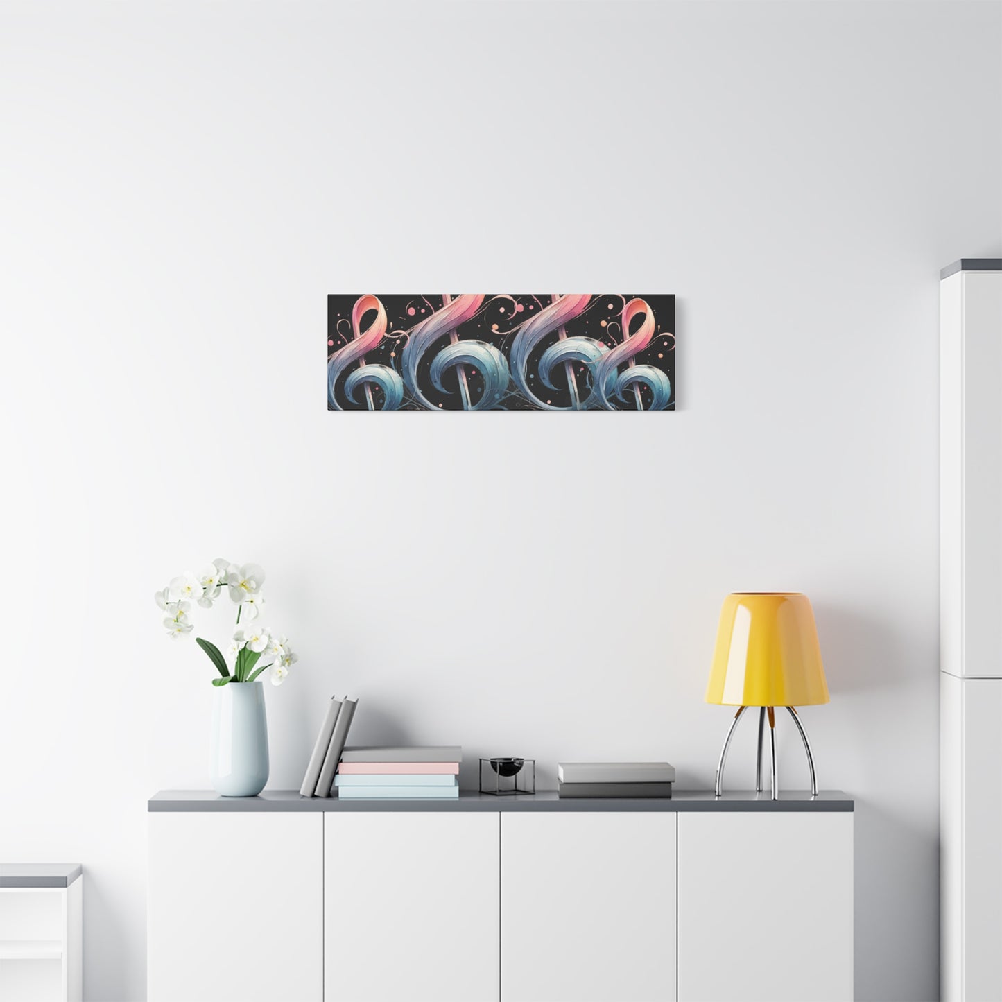 Musical Treble Clef Canvas Wall Art — Pastel Ribbon Notes on Black