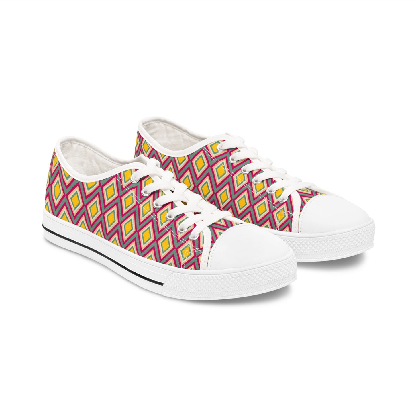 Low Top Sneakers — Retro Diamond Pattern Pink Yellow Casual Women's Shoes