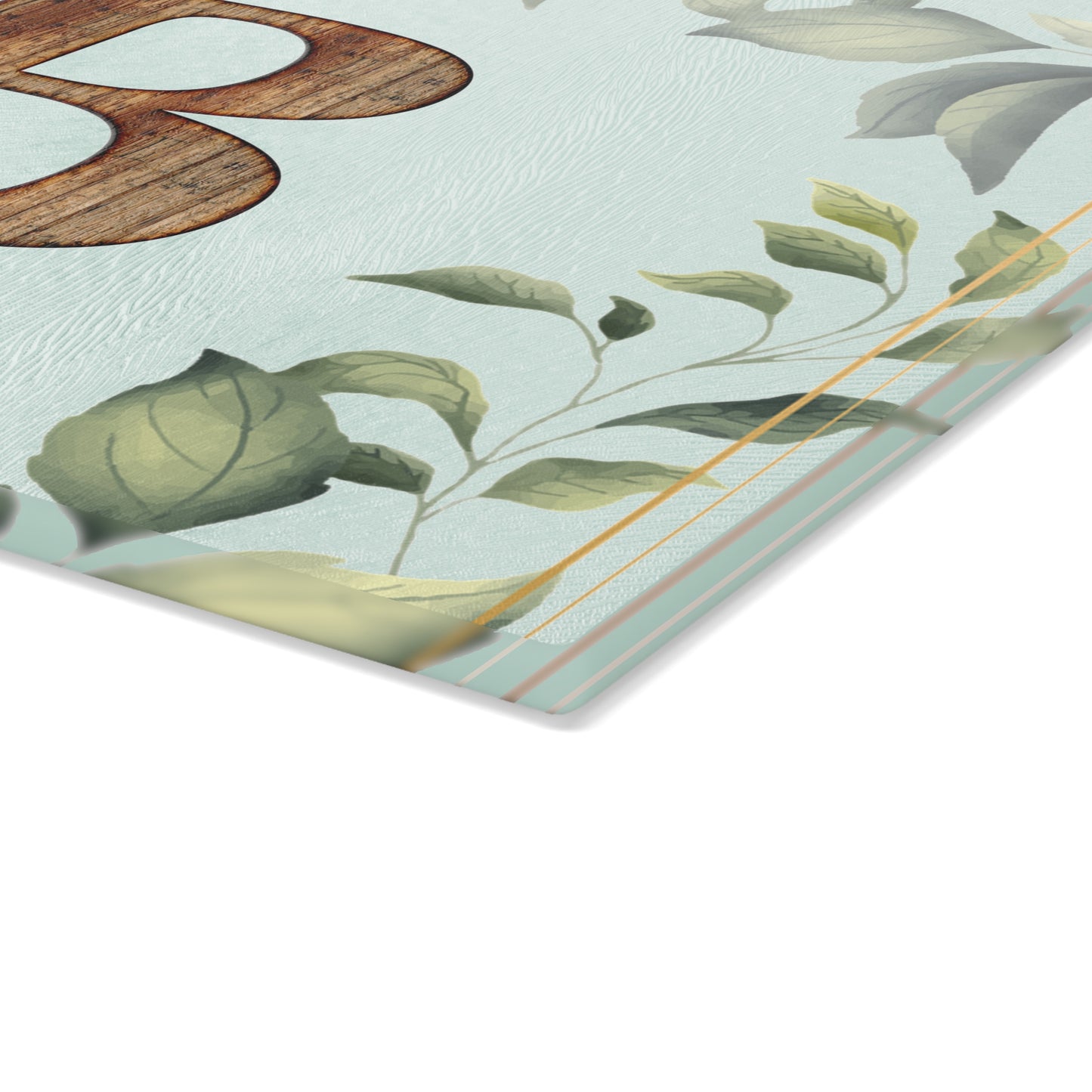 Monogram Glass Cutting Board - Botanical Initial "B" with Rustic Wood Letter
