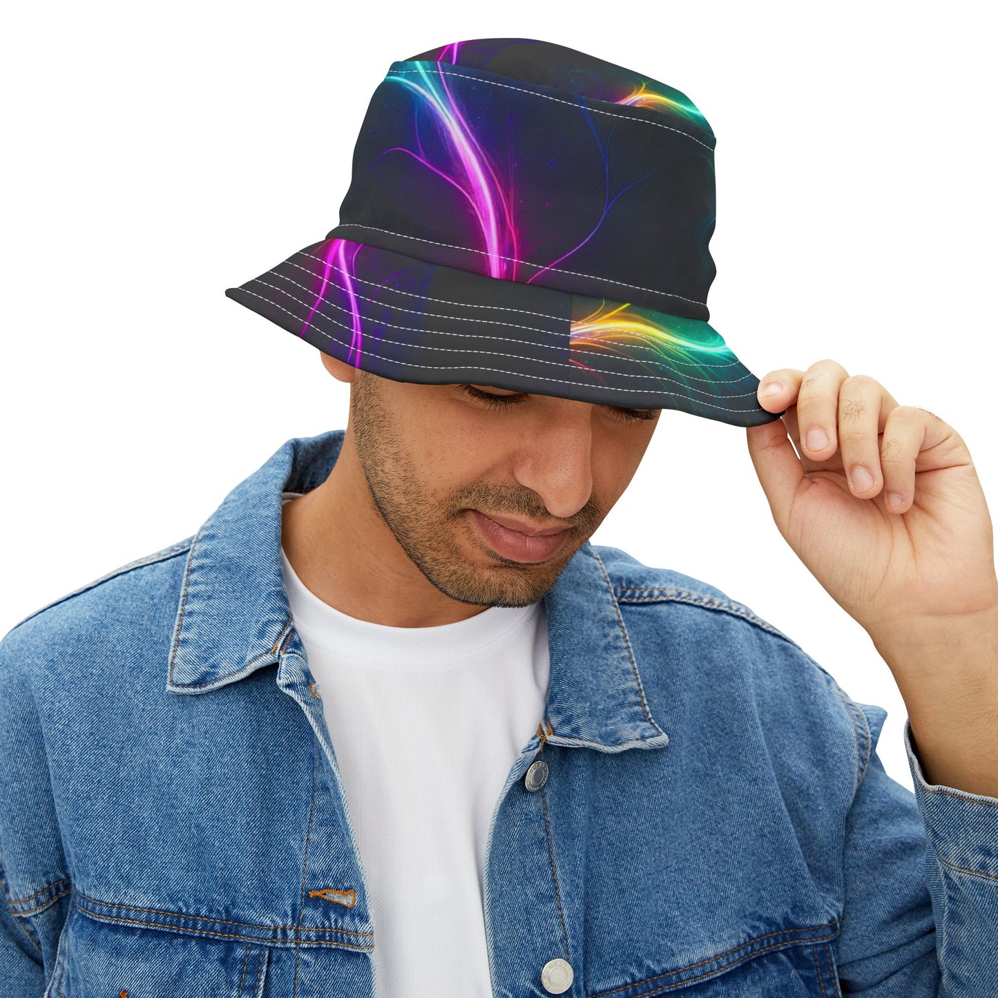 Neon Wave Bucket Hat — Abstract Glow AOP Summer Hat