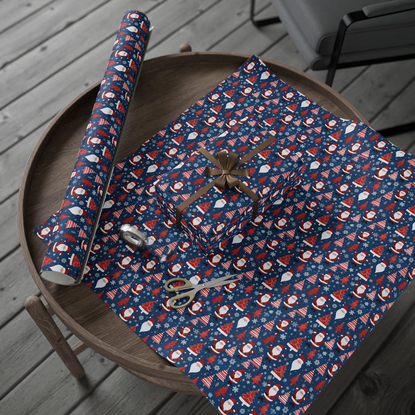 Christmas Santa Wrapping Paper Roll — Blue Festive Holiday Gift Wrap with Santa, Snowflakes & Stockings
