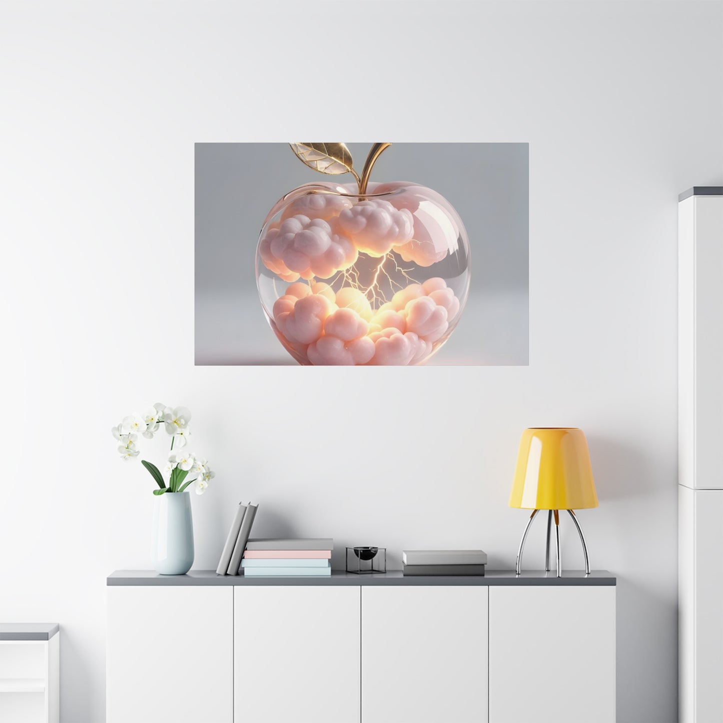 Surreal Glass Apple Canvas – Lightning & Pink Clouds Wall Art