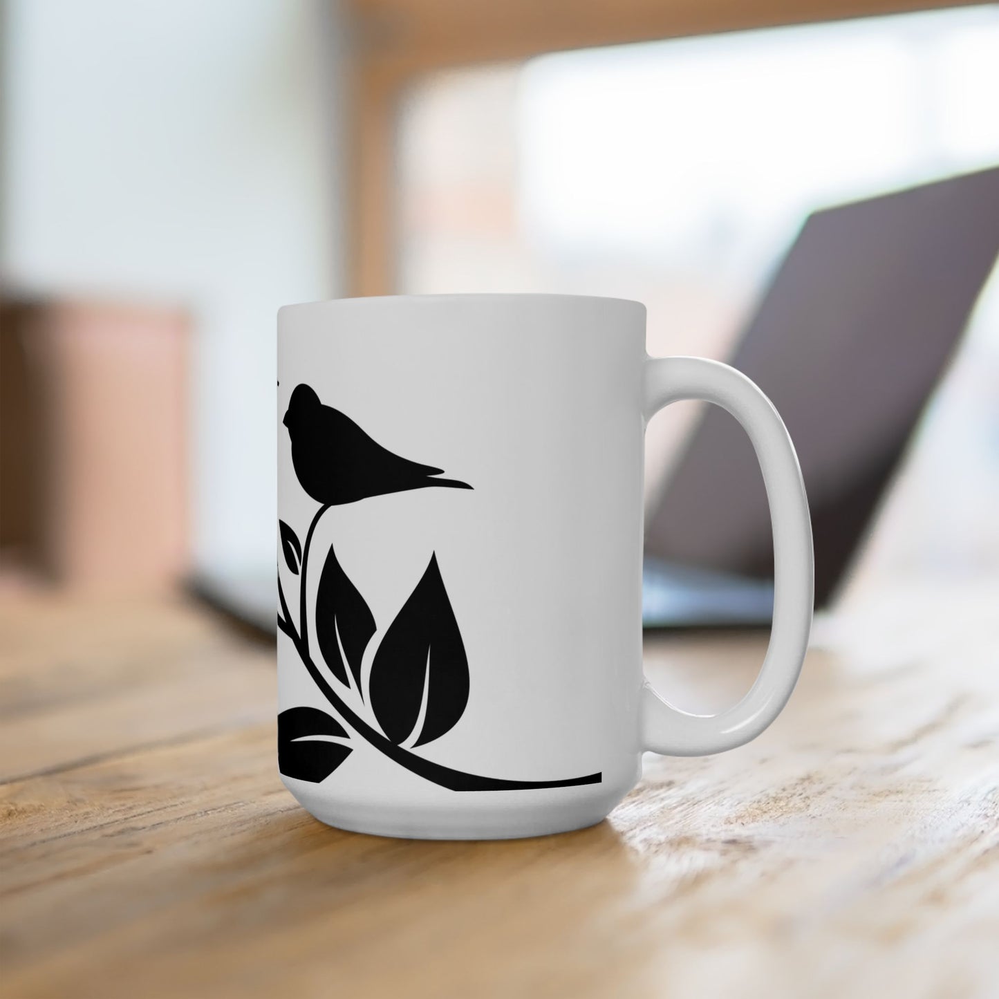 Bird & Branch Ceramic Mug — Black Silhouette Coffee Cup (11oz, 15oz)