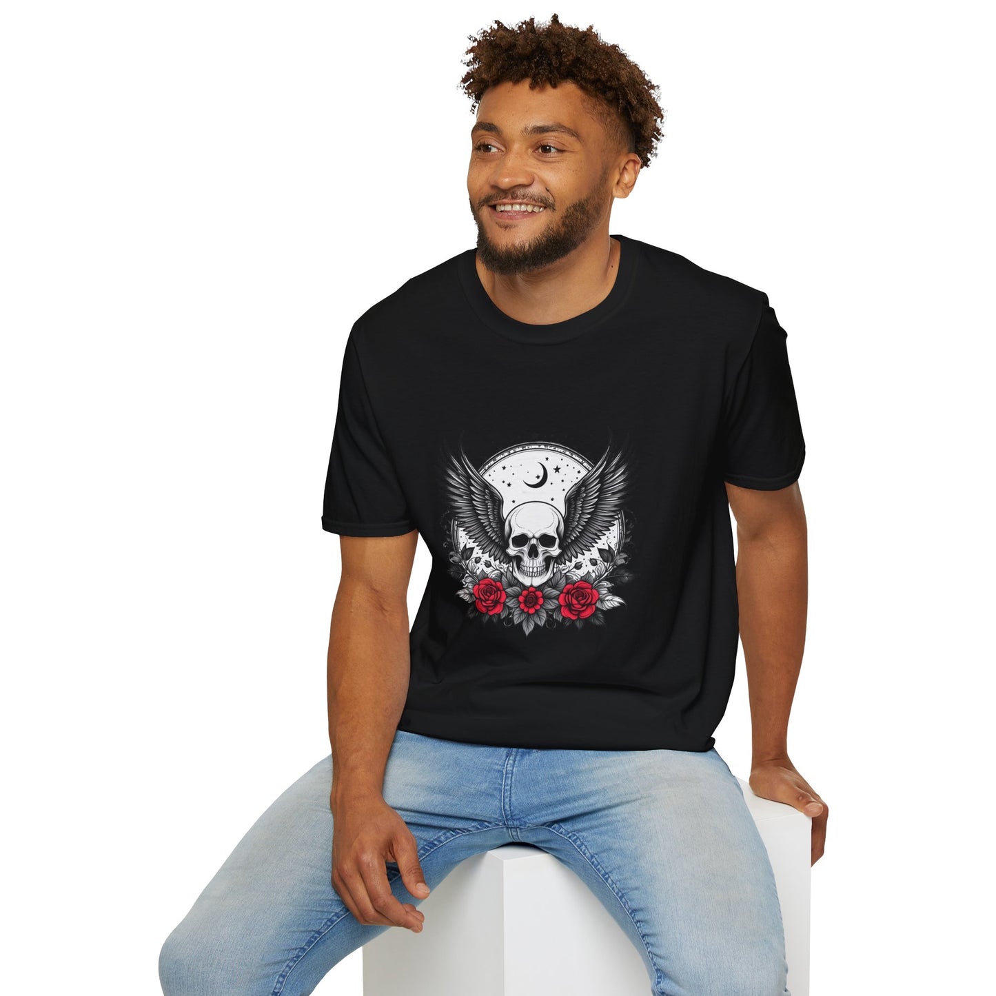 Skull Wings T‑Shirt – Crescent Moon & Red Roses Gothic Graphic Tee