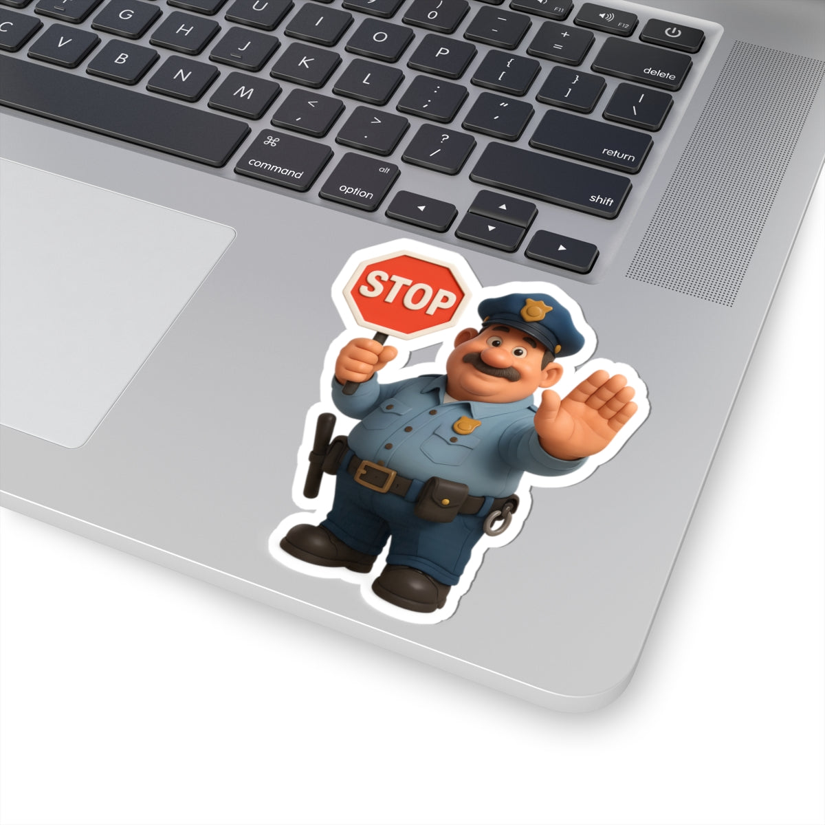 Police Officer Stop Sign Sticker — Cute Cop Character Kiss-Cut Decal