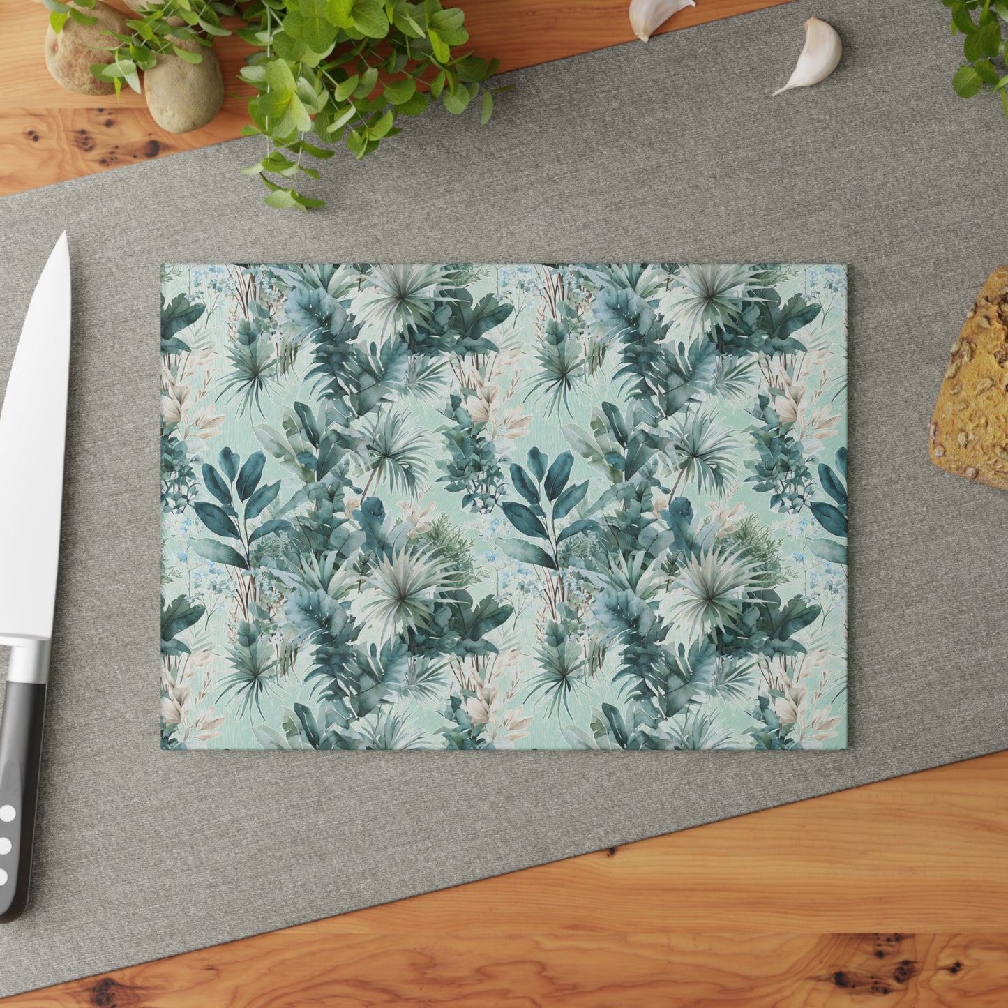 Botanical Glass Cutting Board - Teal Tropical Palm Pattern
