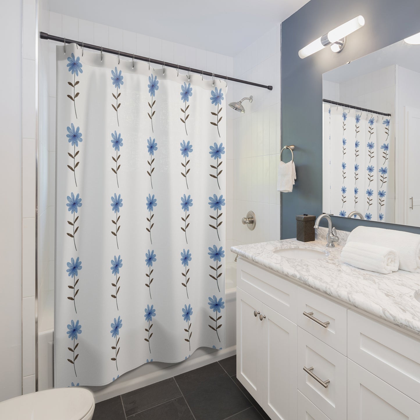 Blue Daisy Floral Shower Curtain — Simple Vertical Flower Pattern