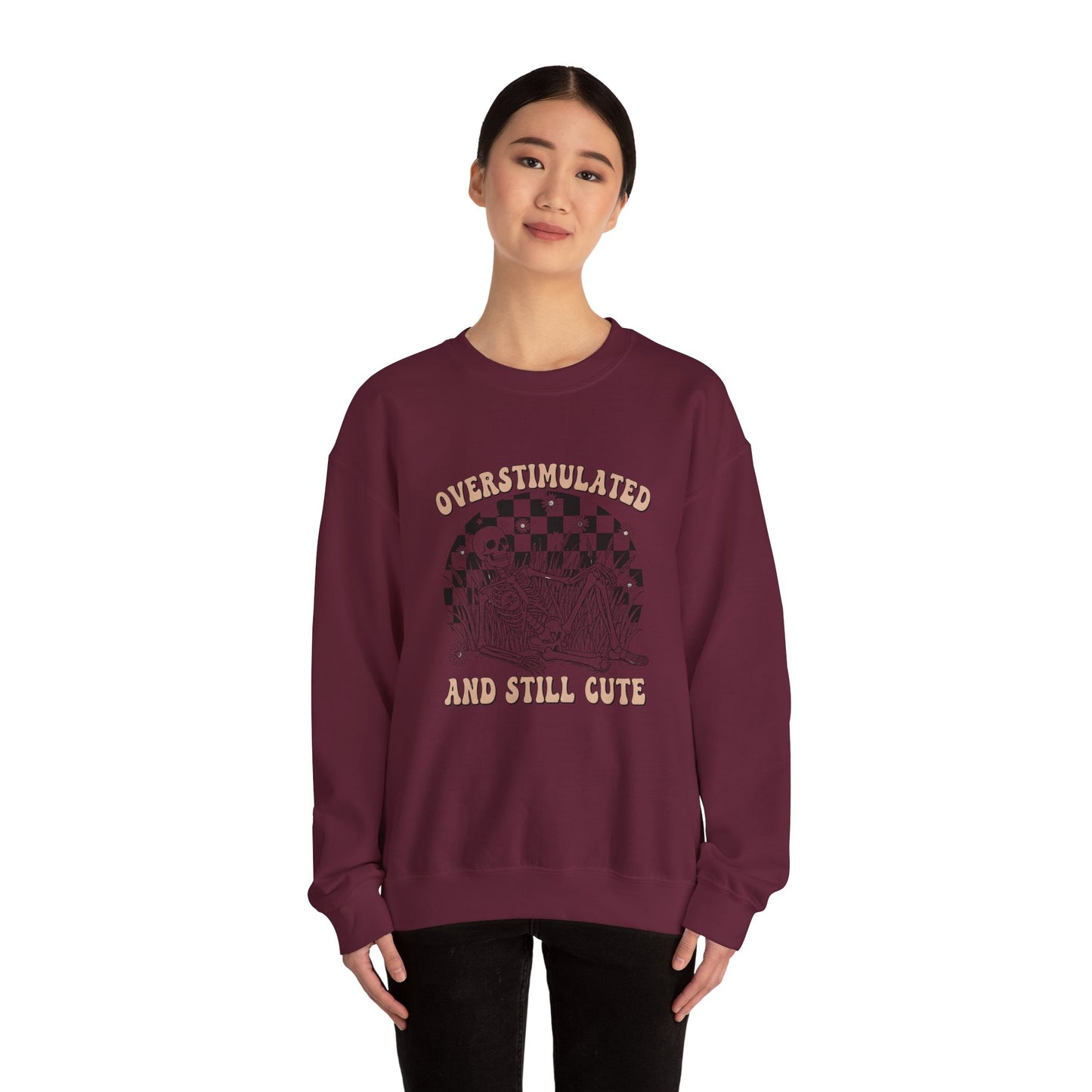 Sweatshirt — "Overstimulated and Still Cute" Skull Checkerboard Graphic Crewneck