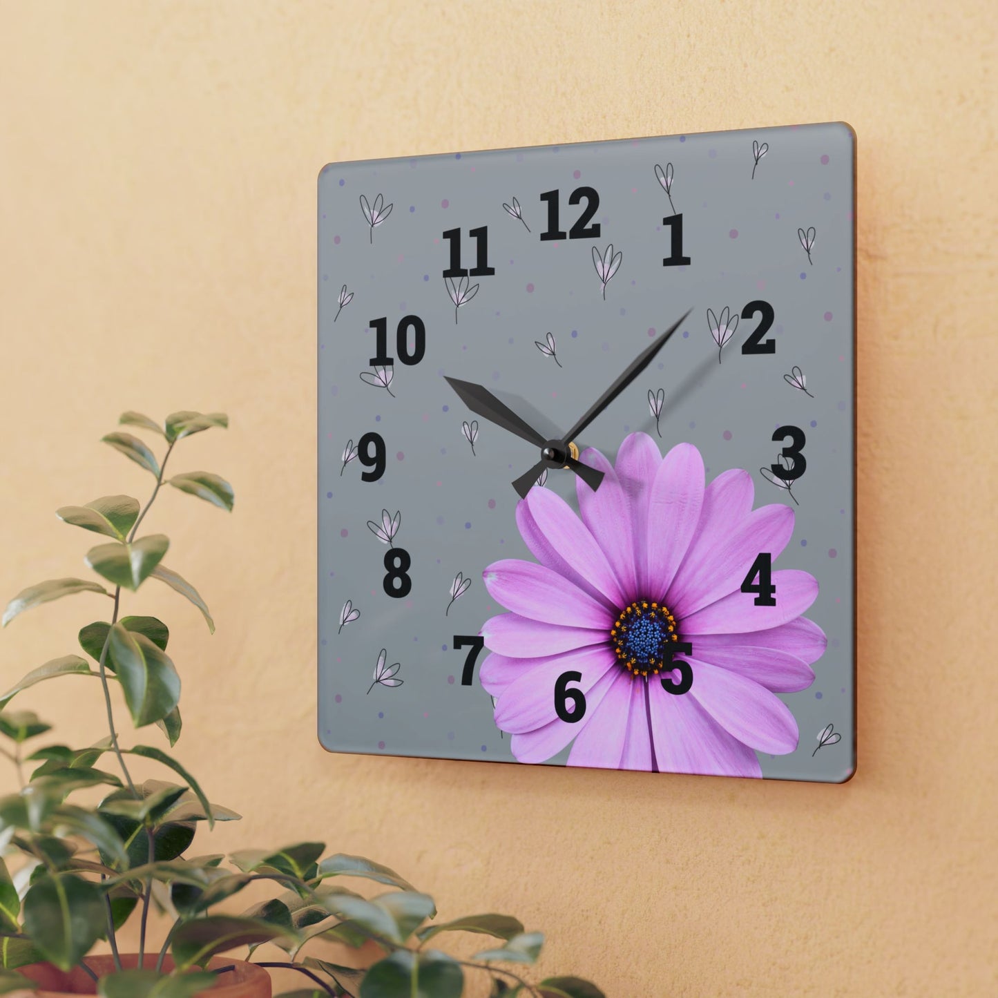 Floral Acrylic Wall Clock Spring Decor, Home Office Accessory