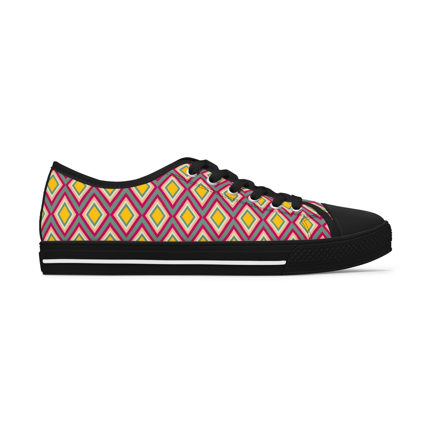 Low Top Sneakers — Retro Diamond Pattern Pink Yellow Casual Women's Shoes