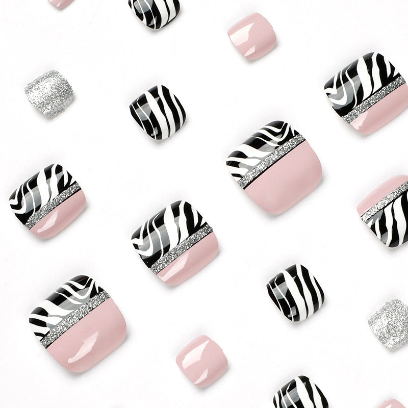 Bare powder foot nails, black and white lines, press on nails, nails piece, wholesale fake nails, nails piece – Image 3